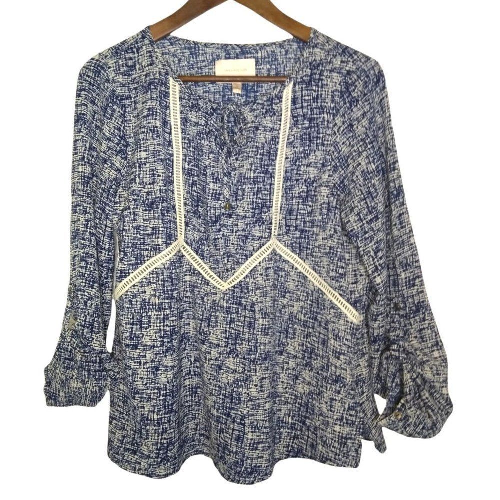 Skies Are Blue Keyhole Tie Top Blouse Blue White Medium